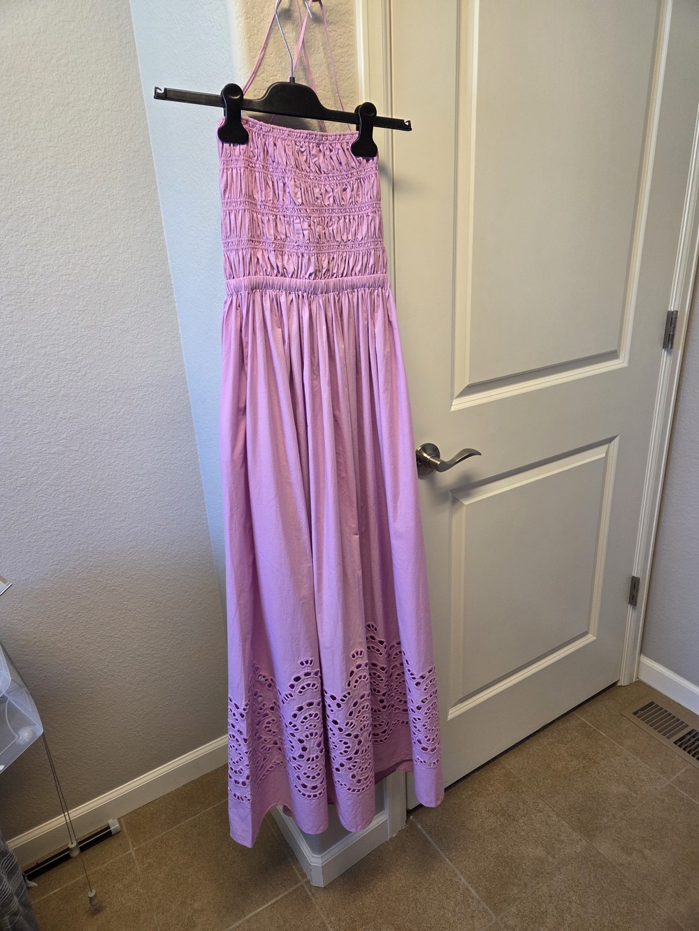 Karina Grimaldi Lilac Smocked Maxi Dress with Eyelet Hem